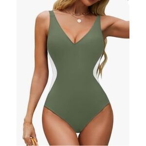 BMJL One Piece Tummy Control Deep V-neck Color Block Lace Up Back Swimsuit-Small